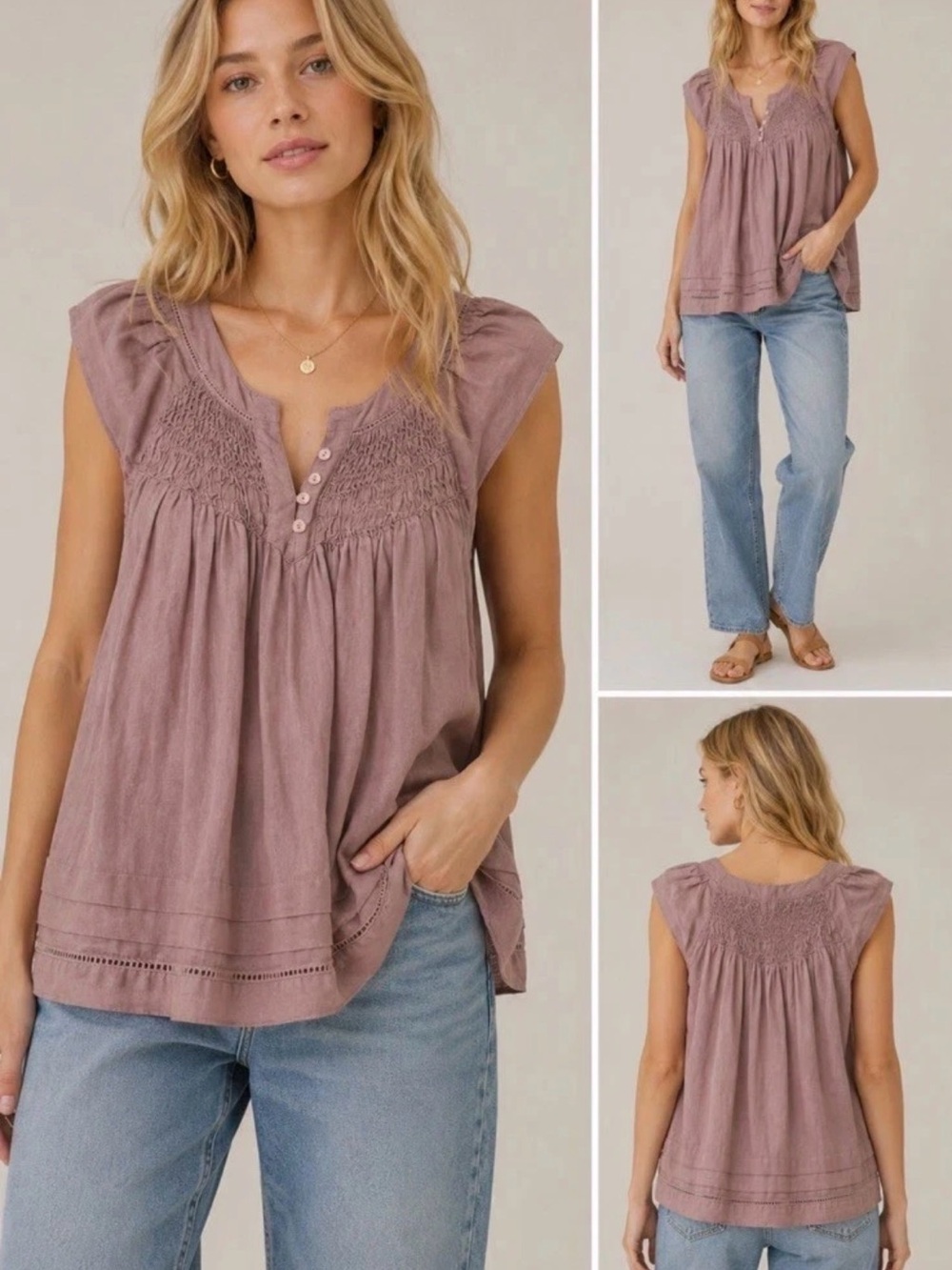 Marina Luna Mauve Smocked V-Neck Sleeveless Top